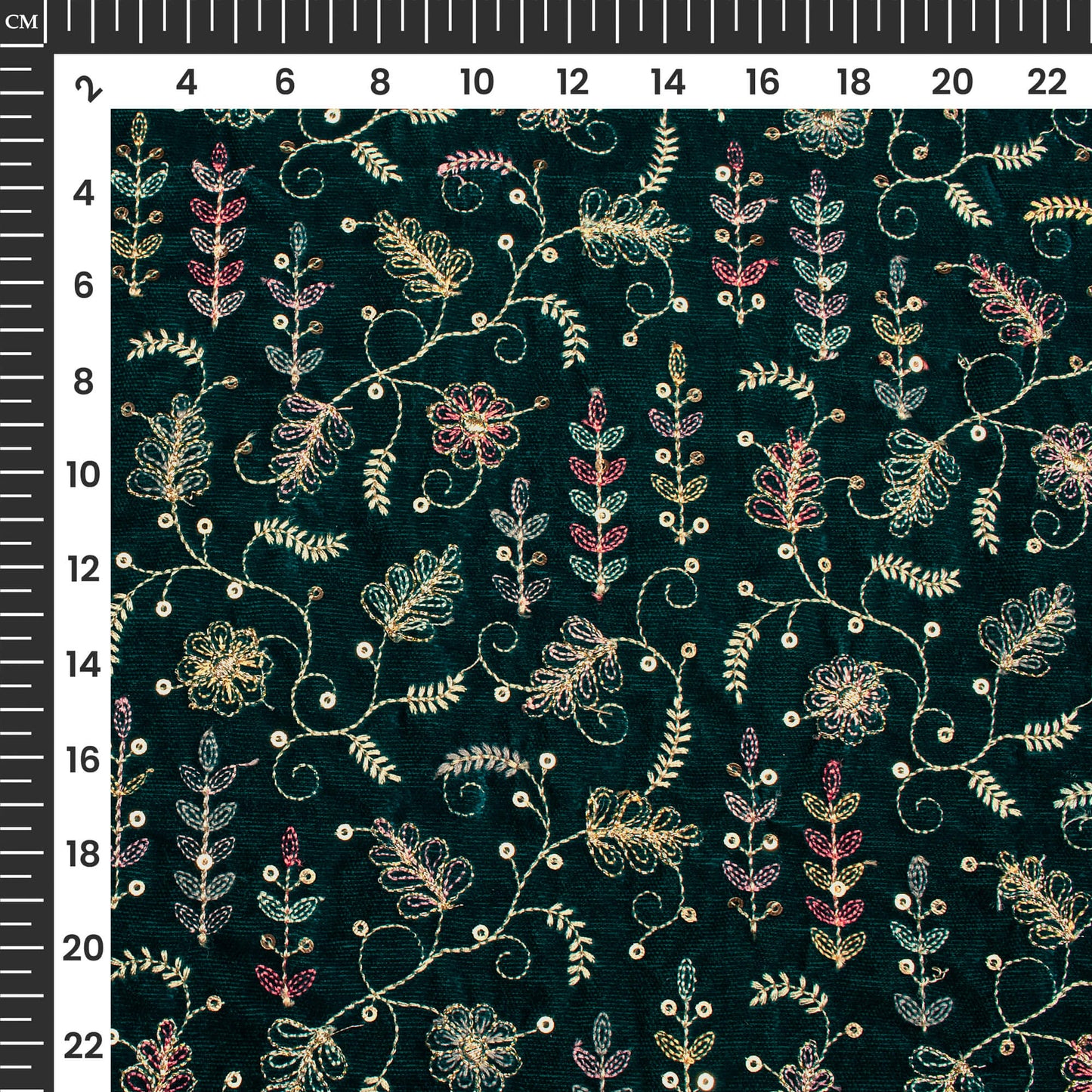 Elegent Leaf Embroidery With Gold Sequins On Velvet Fabric