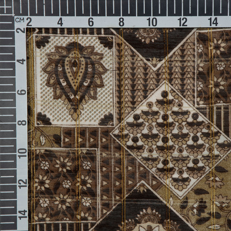 Light Brown And Cream Floral Pattern Zari Chanderi Slub Fabric