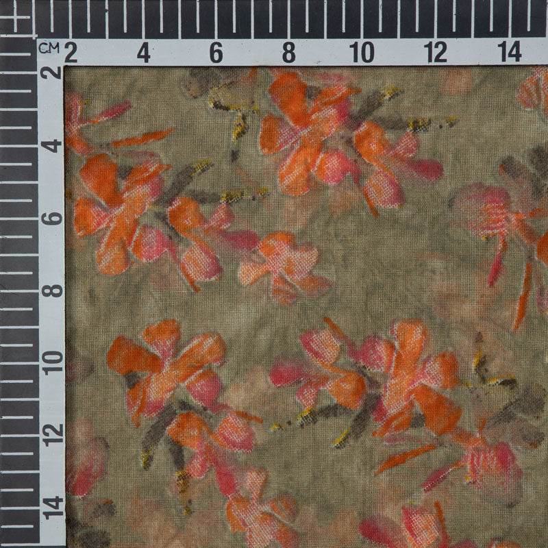 Orange And Mehendi Green Floral Pattern Mulmul Fabric