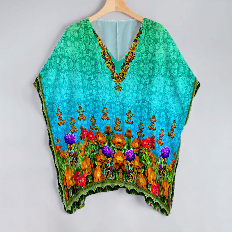 Blue And Spice Orange Floral Pattern Unstitched Georgette Kaftan