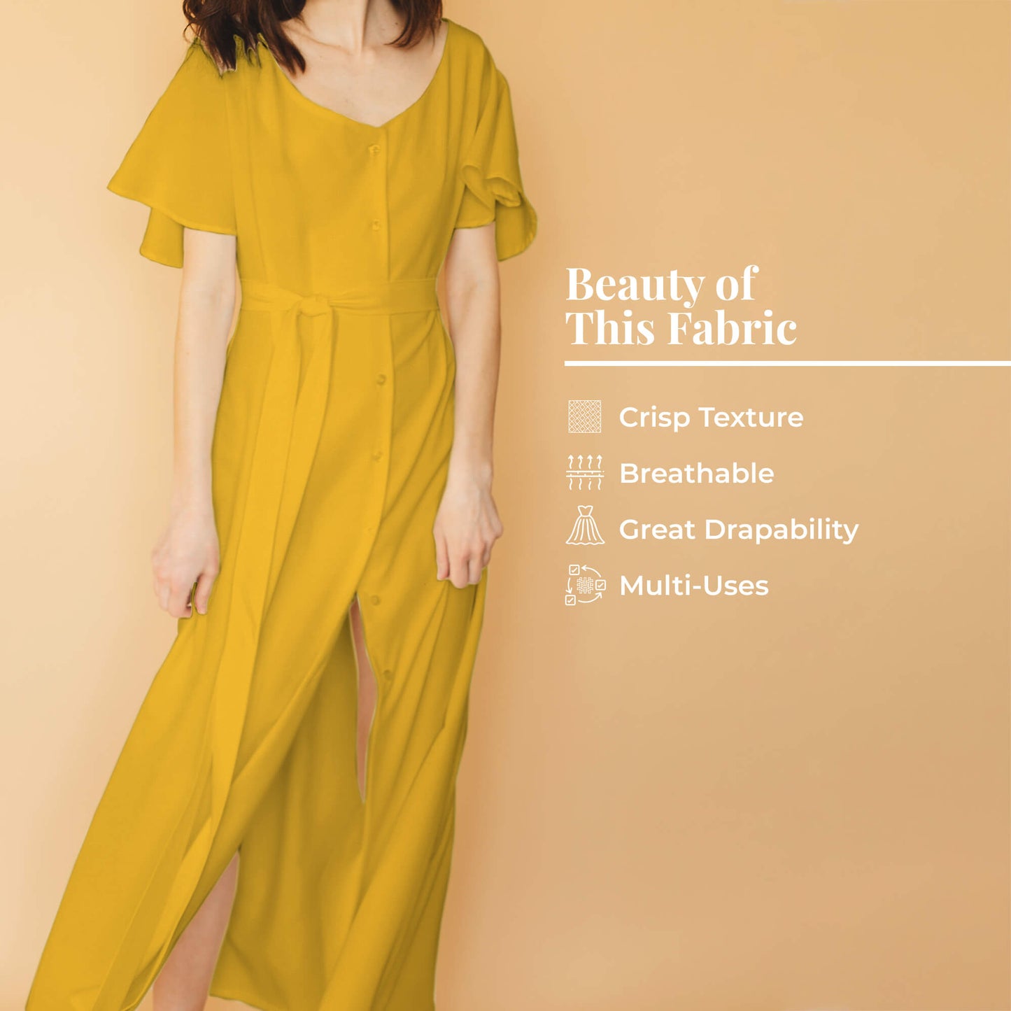 Yellow Plain Vintage Crepe Fabric (Width 56 Inches)