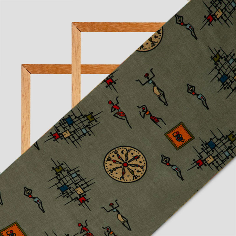 Olive Green Tribal Pattern Screen Print Viscose Rayon Fabric
