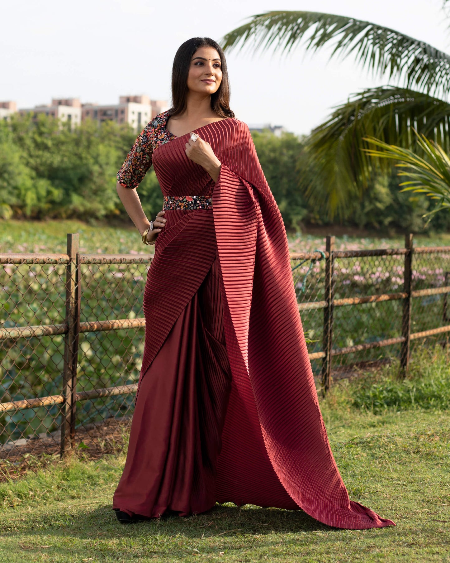 Maroon Plain Half Pleated Japan Satin Saree