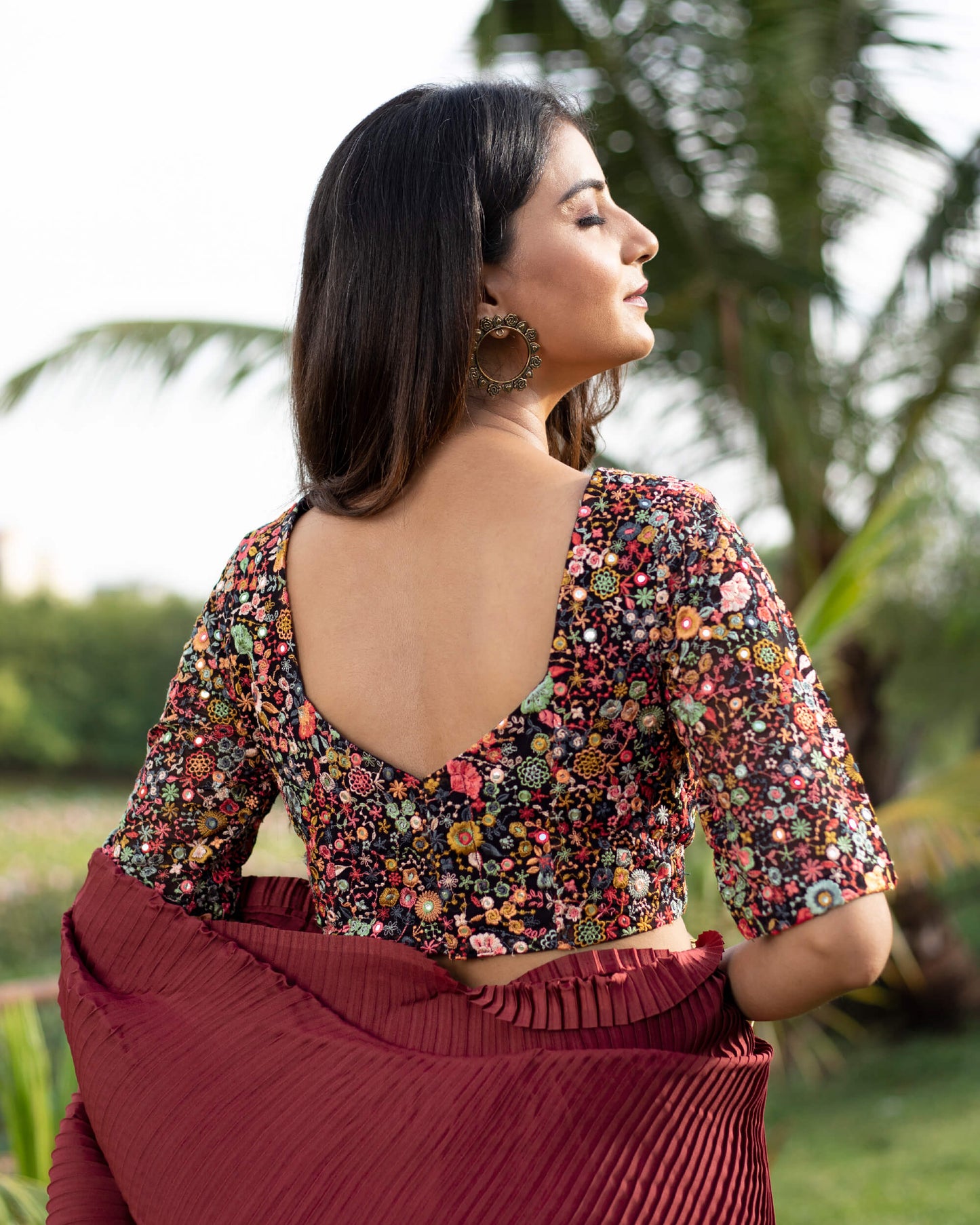 Maroon Plain Half Pleated Japan Satin Saree