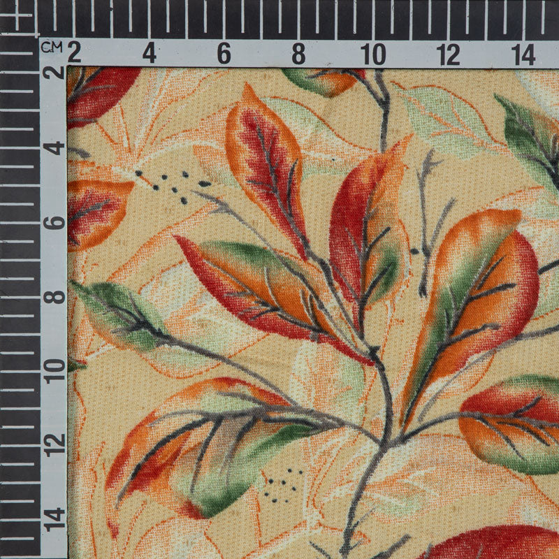 Beige And Red Leaf Printed Cotton Fabric