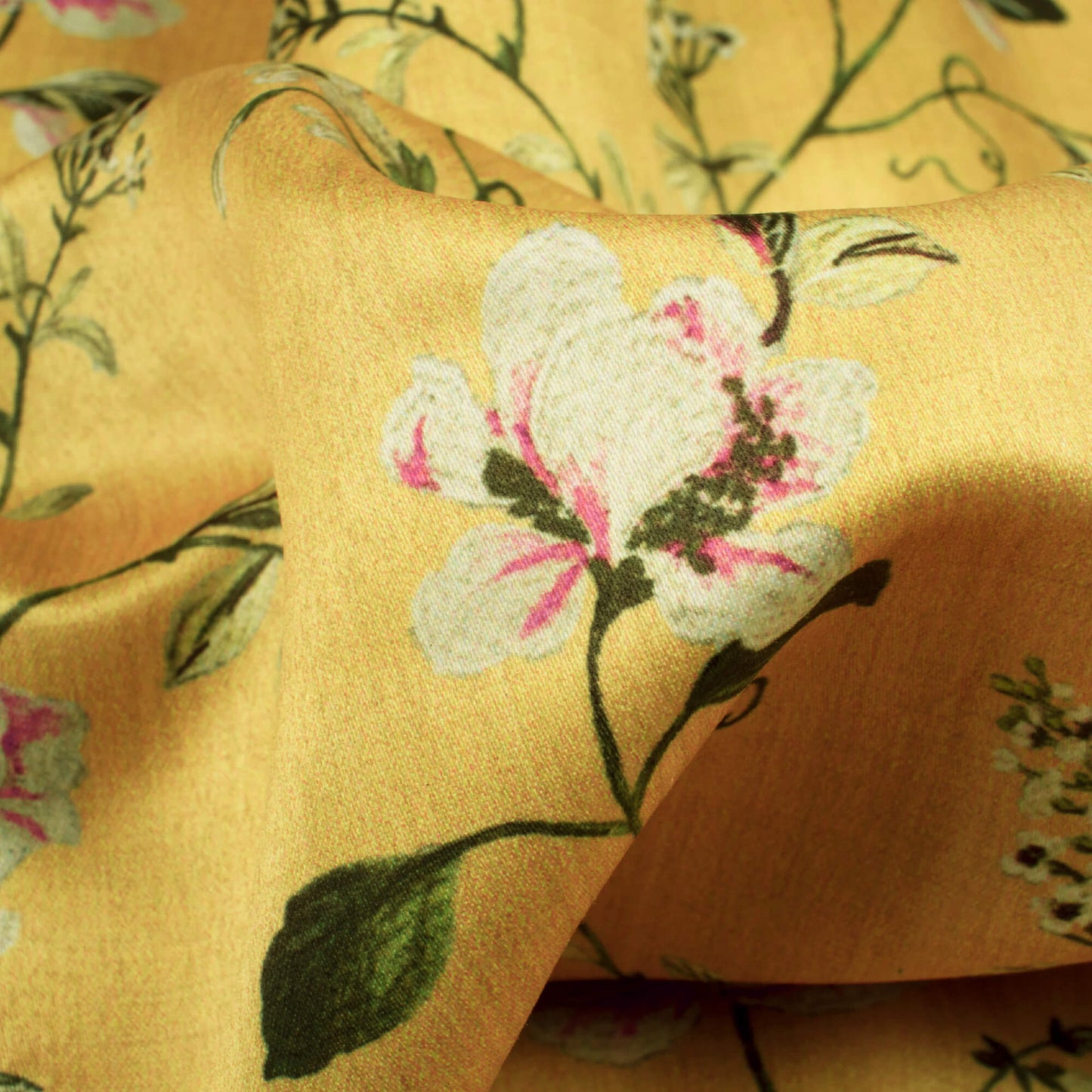 Beige And Cream Floral Pattern Digital Print Heavy Satin Fabric (Width 56 Inches)