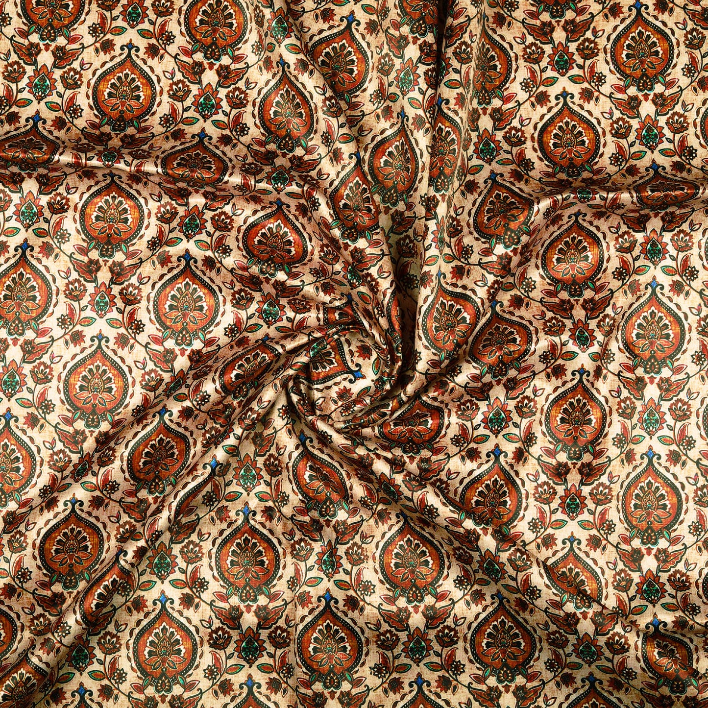 Ivory Cream And Caramel Brown Traditional Pattern Digital Print Heavy Satin Fabric (Width 56 Inches)