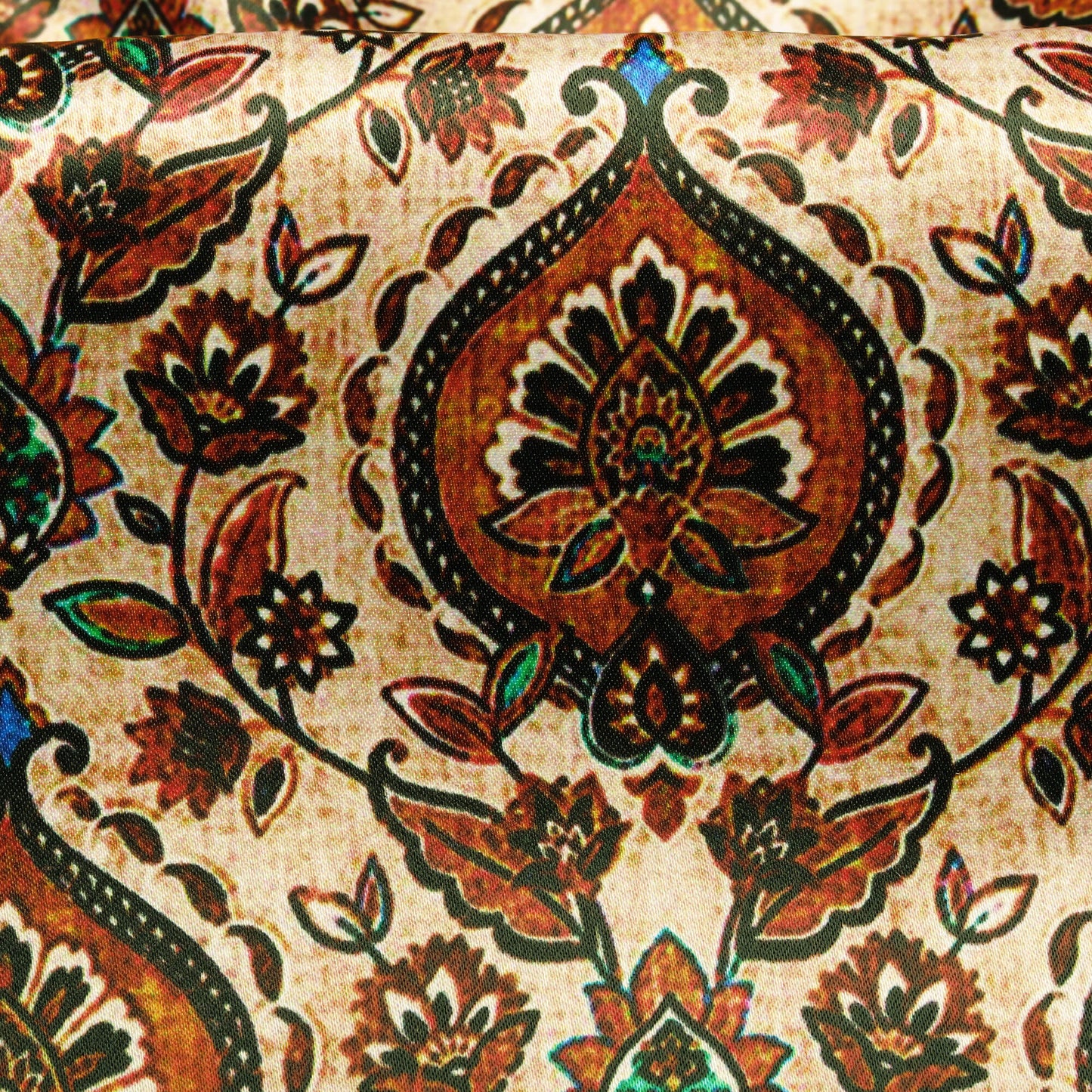 Ivory Cream And Caramel Brown Traditional Pattern Digital Print Heavy Satin Fabric (Width 56 Inches)