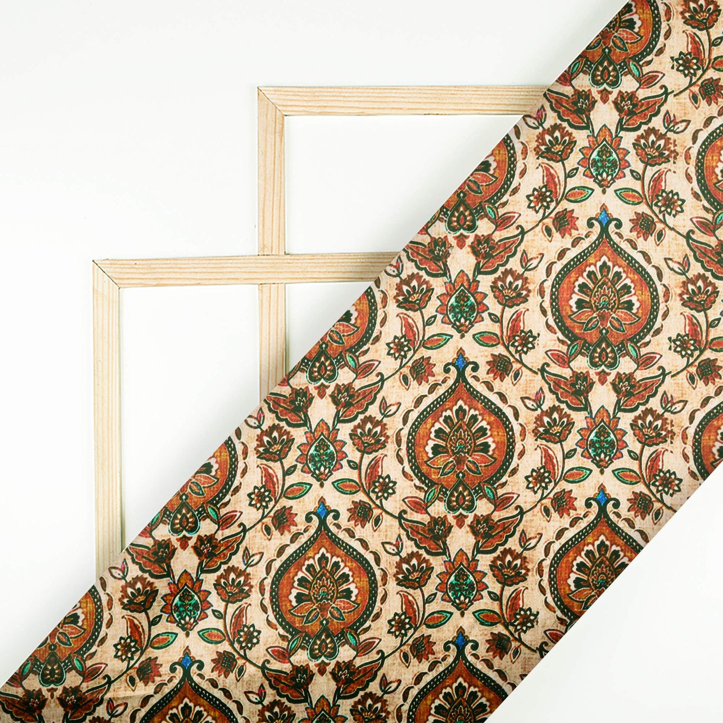 Ivory Cream And Caramel Brown Traditional Pattern Digital Print Heavy Satin Fabric (Width 56 Inches)