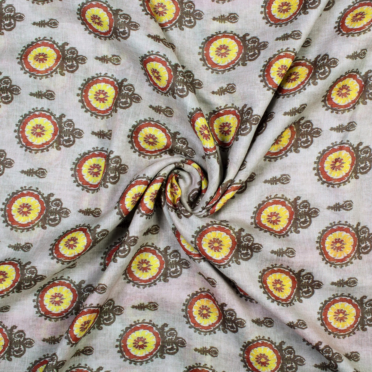 Beige And Olive Green Geometric Pattern Digital Print Poly Muslin Fabric