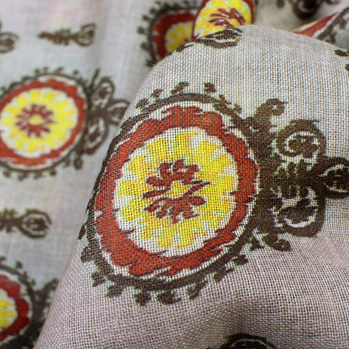 Beige And Olive Green Geometric Pattern Digital Print Poly Muslin Fabric