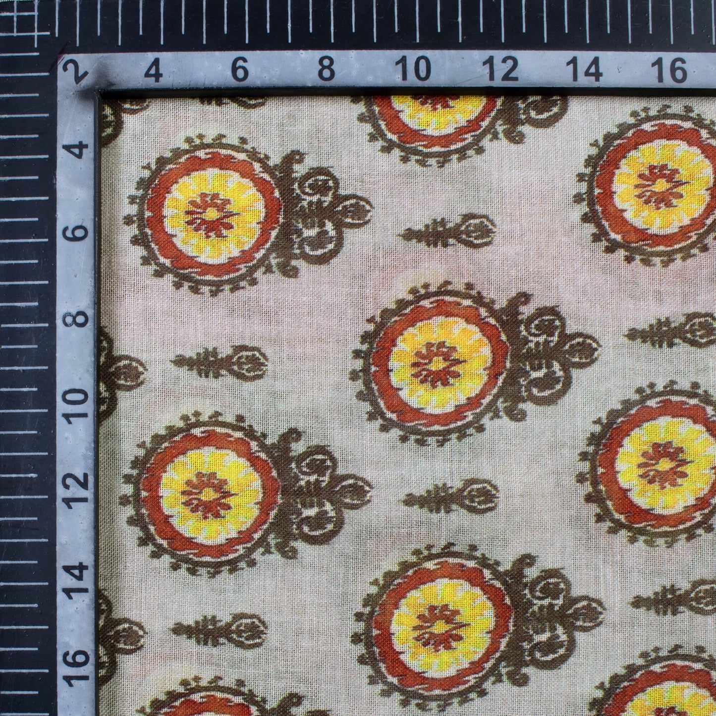 Beige And Olive Green Geometric Pattern Digital Print Poly Muslin Fabric