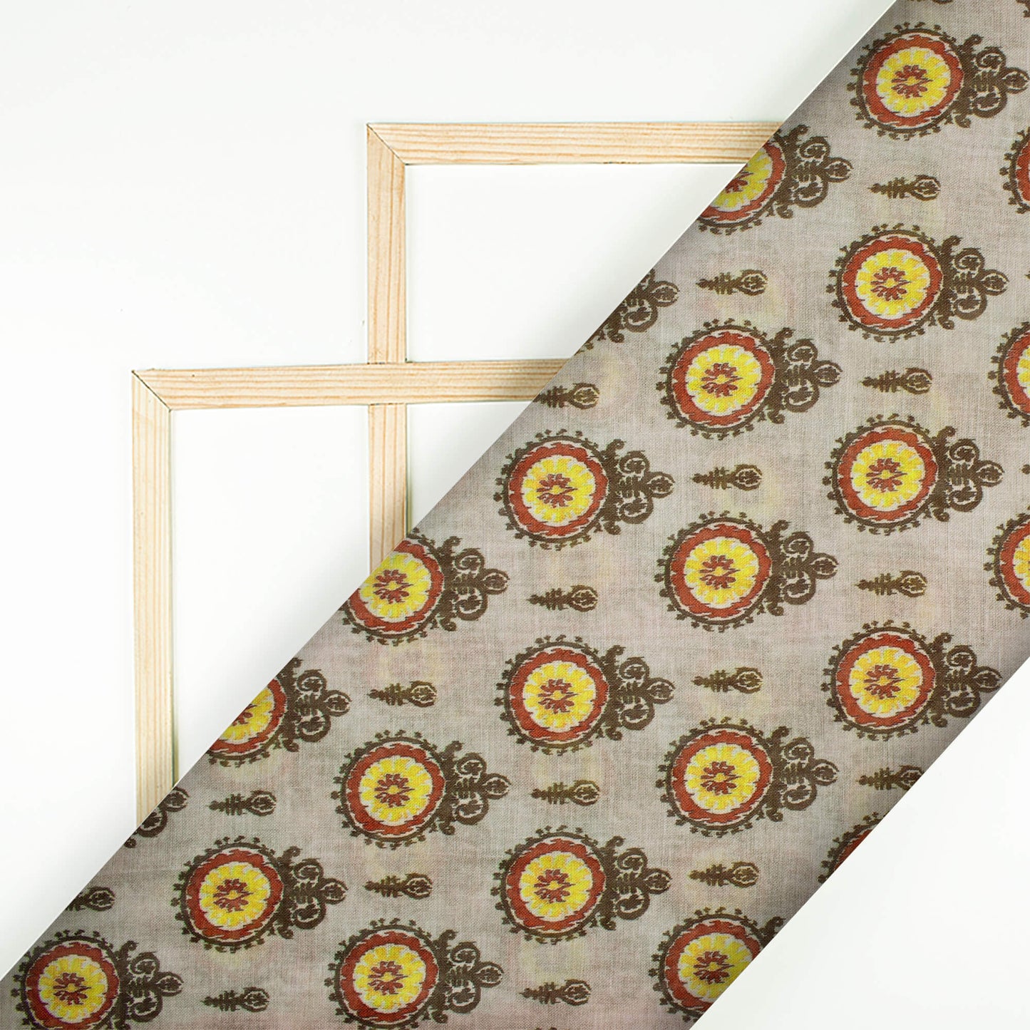 Beige And Olive Green Geometric Pattern Digital Print Poly Muslin Fabric