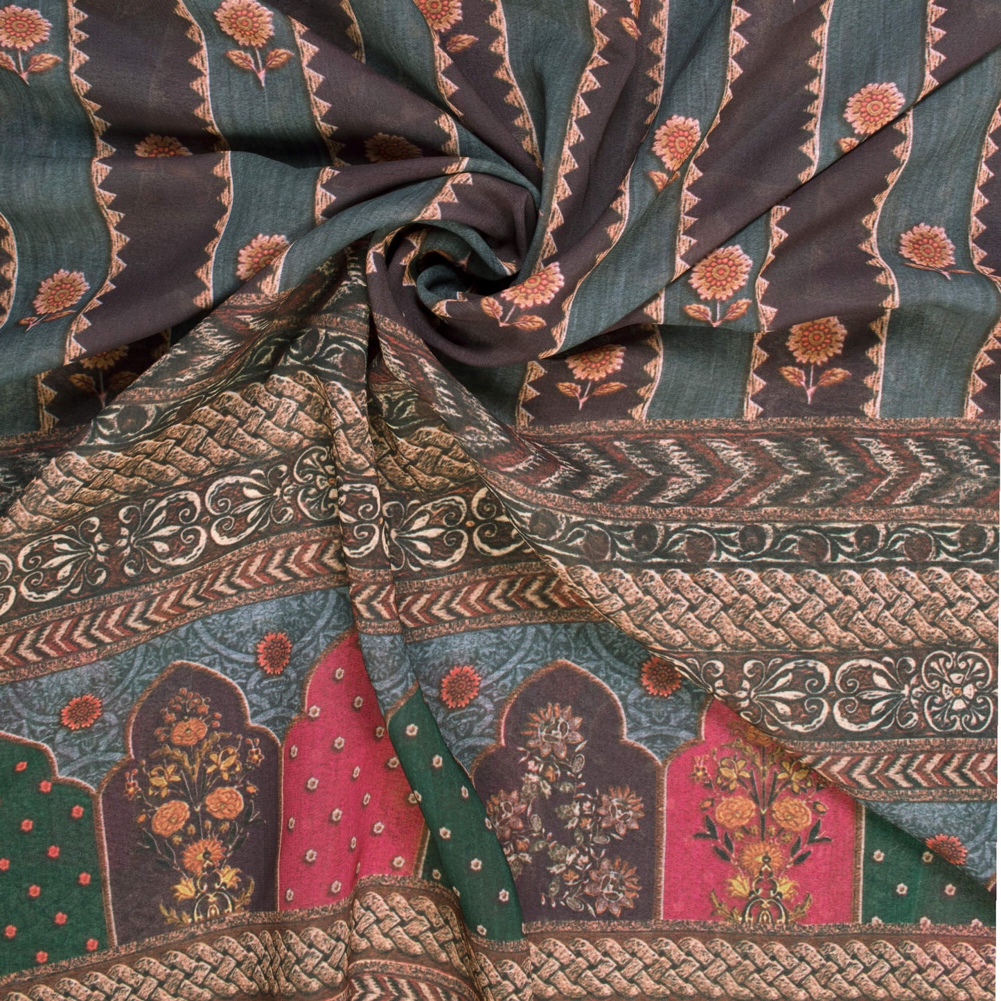 Maroon And Black Traditional Pattern Digital Print Georgette Fabric