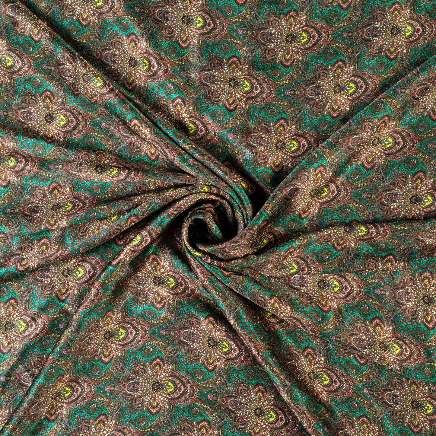 Jungle Green And Peach Traditional Pattern Digital Print Japan Satin Fabric