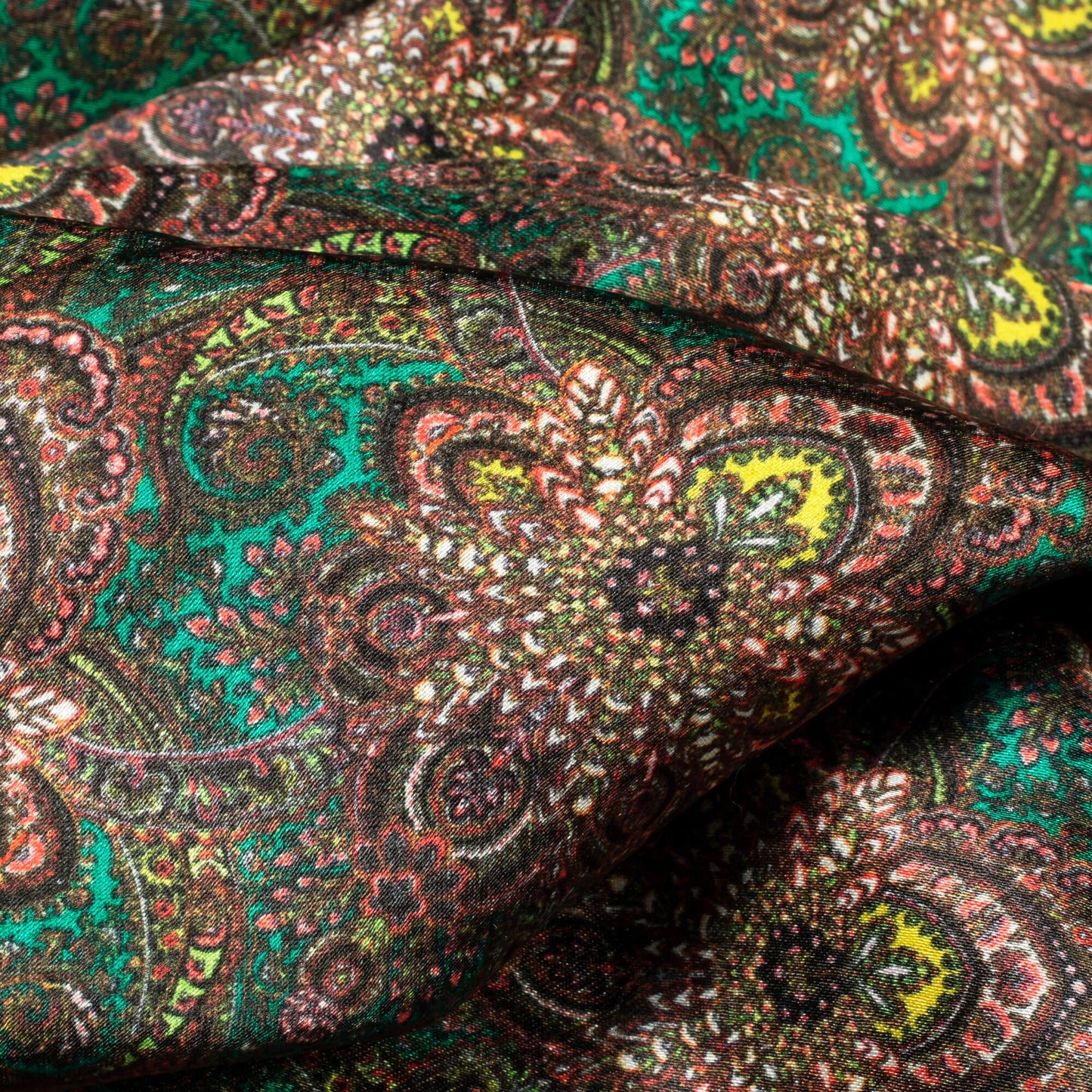 Jungle Green And Peach Traditional Pattern Digital Print Japan Satin Fabric