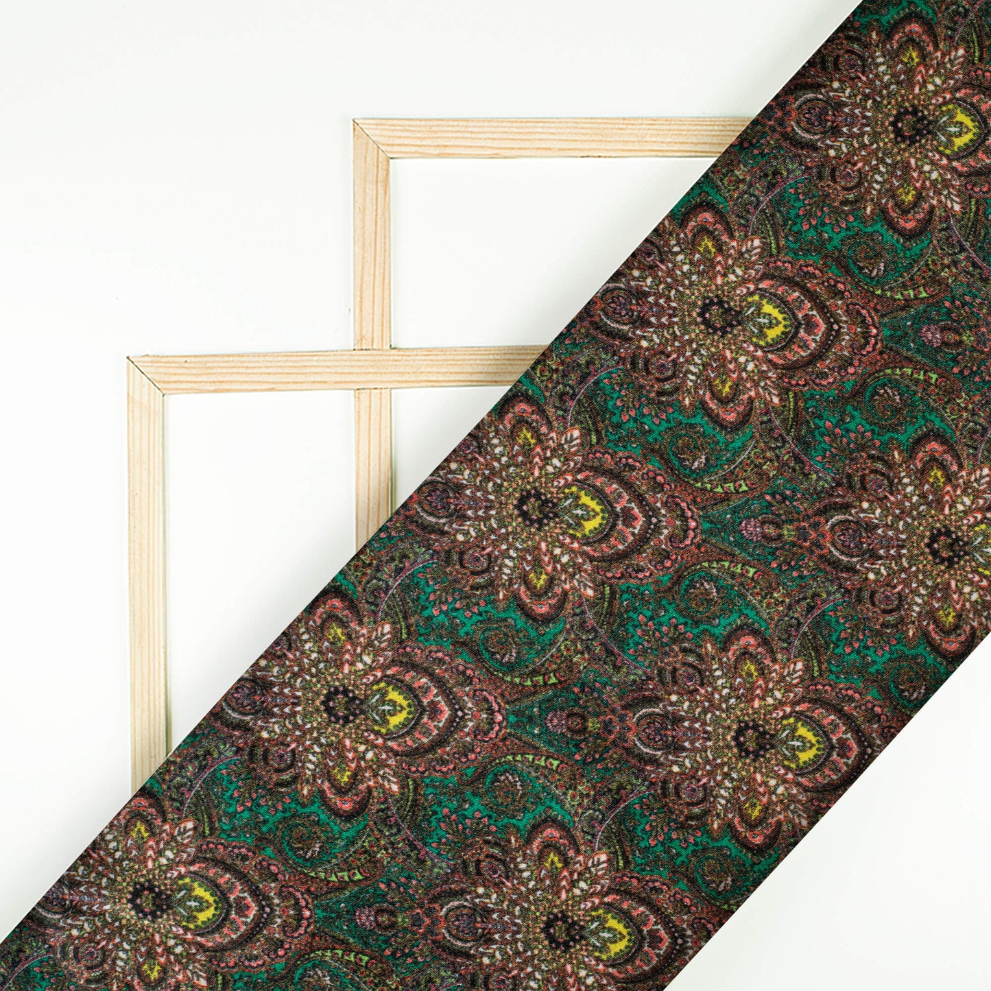 Jungle Green And Peach Traditional Pattern Digital Print Japan Satin Fabric