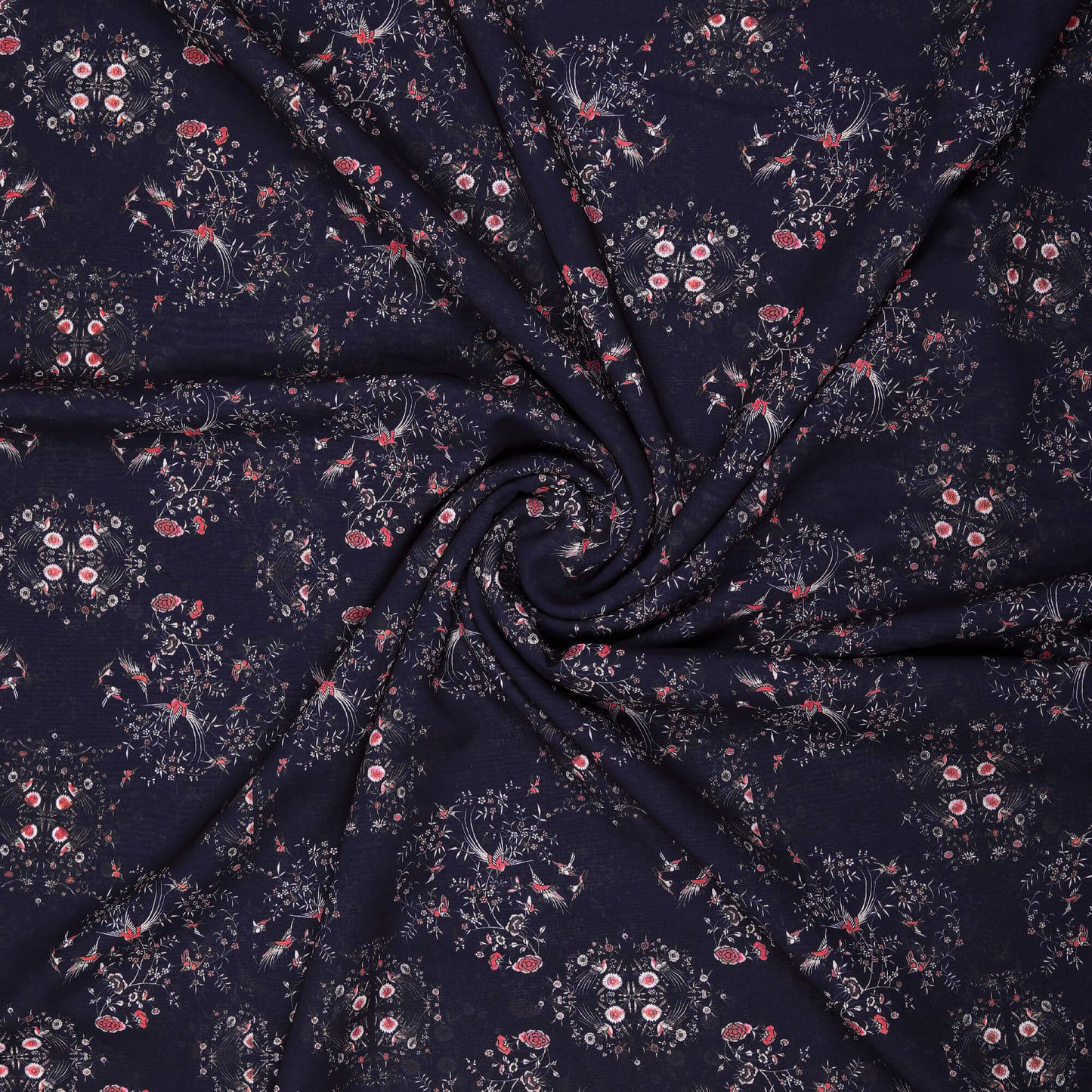 Dark Blue And Orange Floral Pattern Digital Print Japan Satin Fabric (Width 56 Inches)