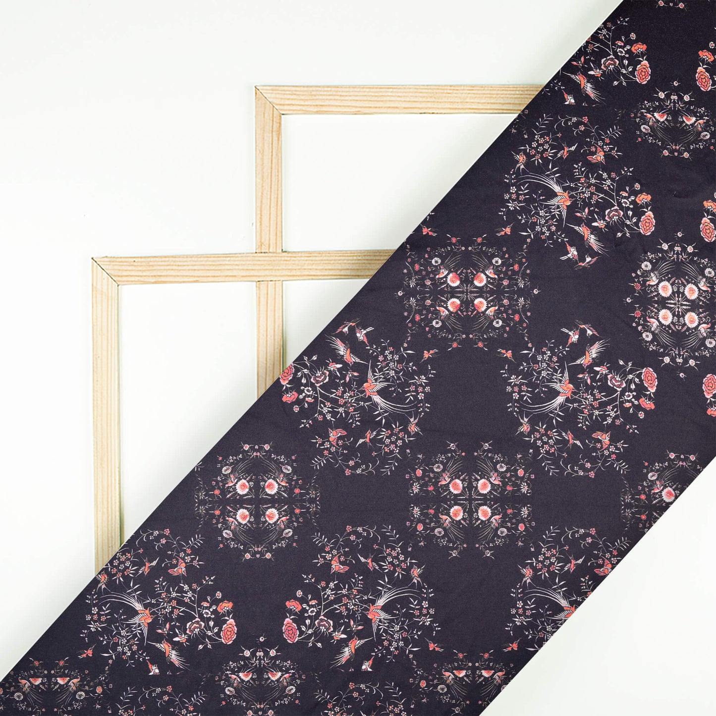 Dark Blue And Orange Floral Pattern Digital Print Japan Satin Fabric (Width 56 Inches)