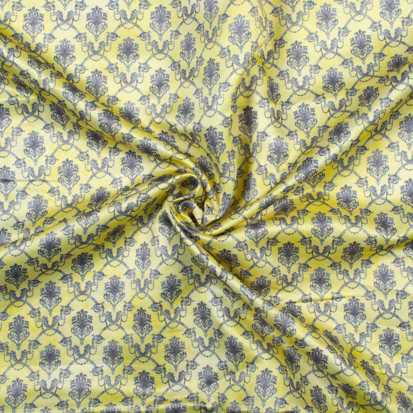 Lemon Yellow And Grey Traditional Patten Digital Print Japan Satin Fabric (Width 54 Inches)