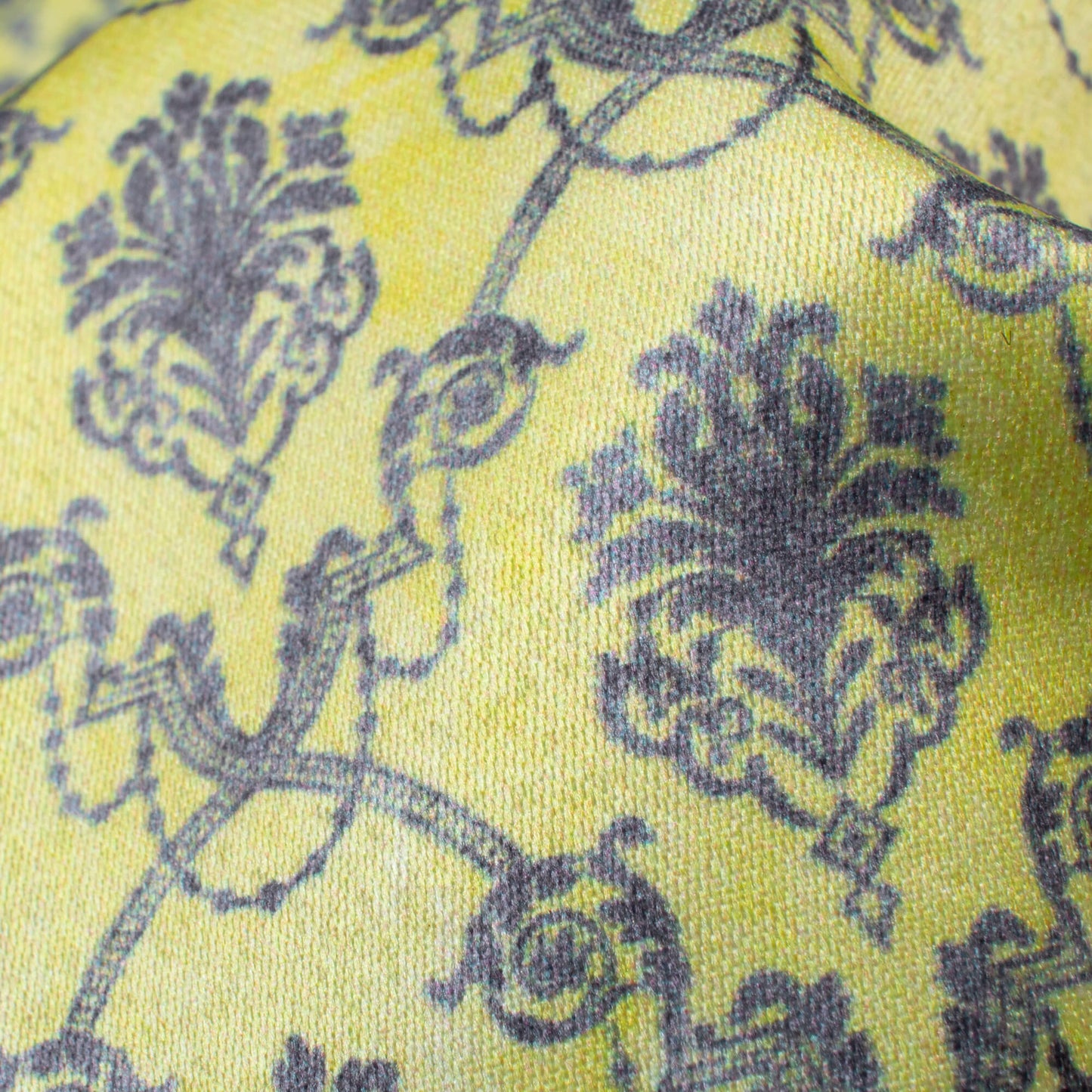 Lemon Yellow And Grey Traditional Patten Digital Print Japan Satin Fabric (Width 54 Inches)