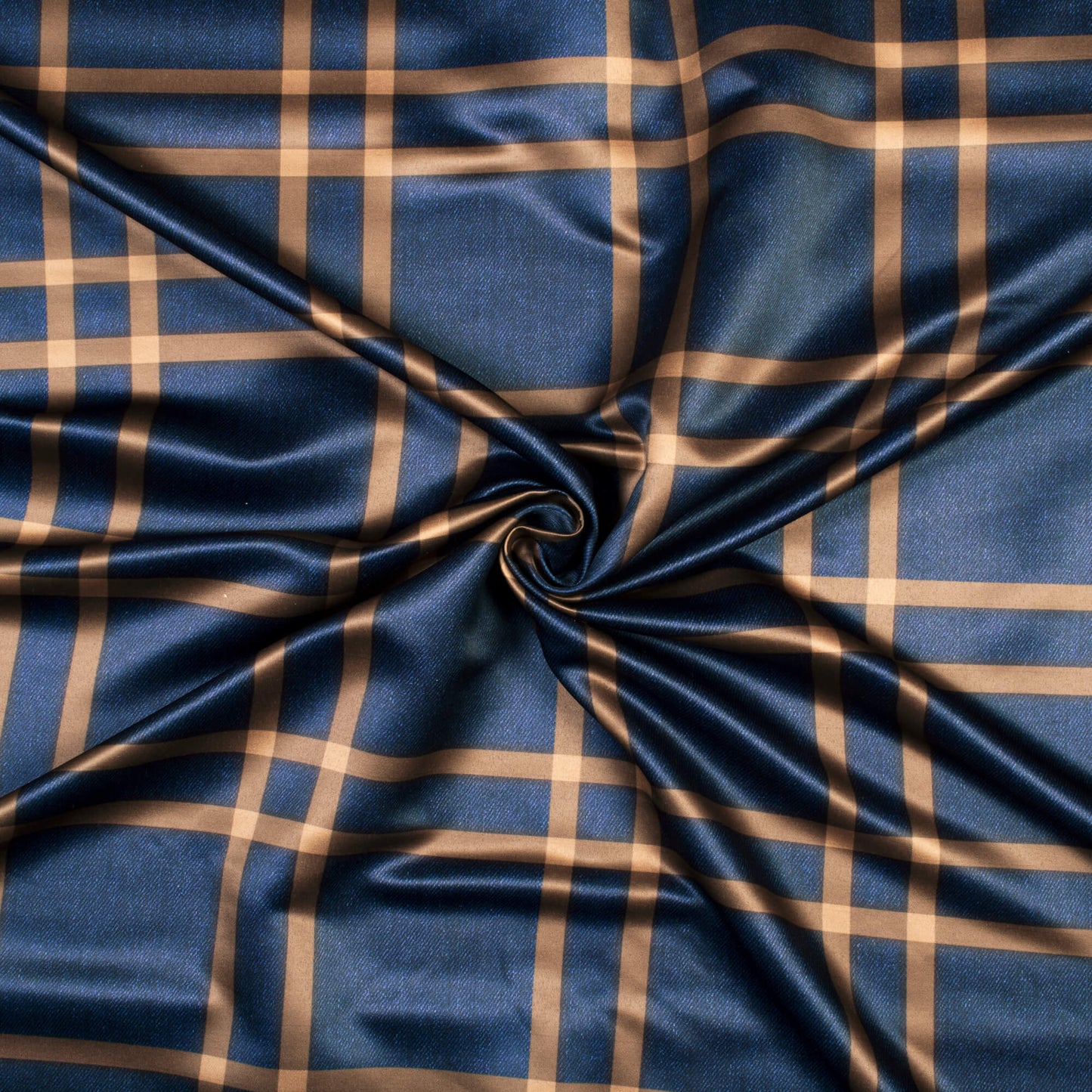Prussian Blue And Beige Checks Pattern Digital Print Lycra Fabric