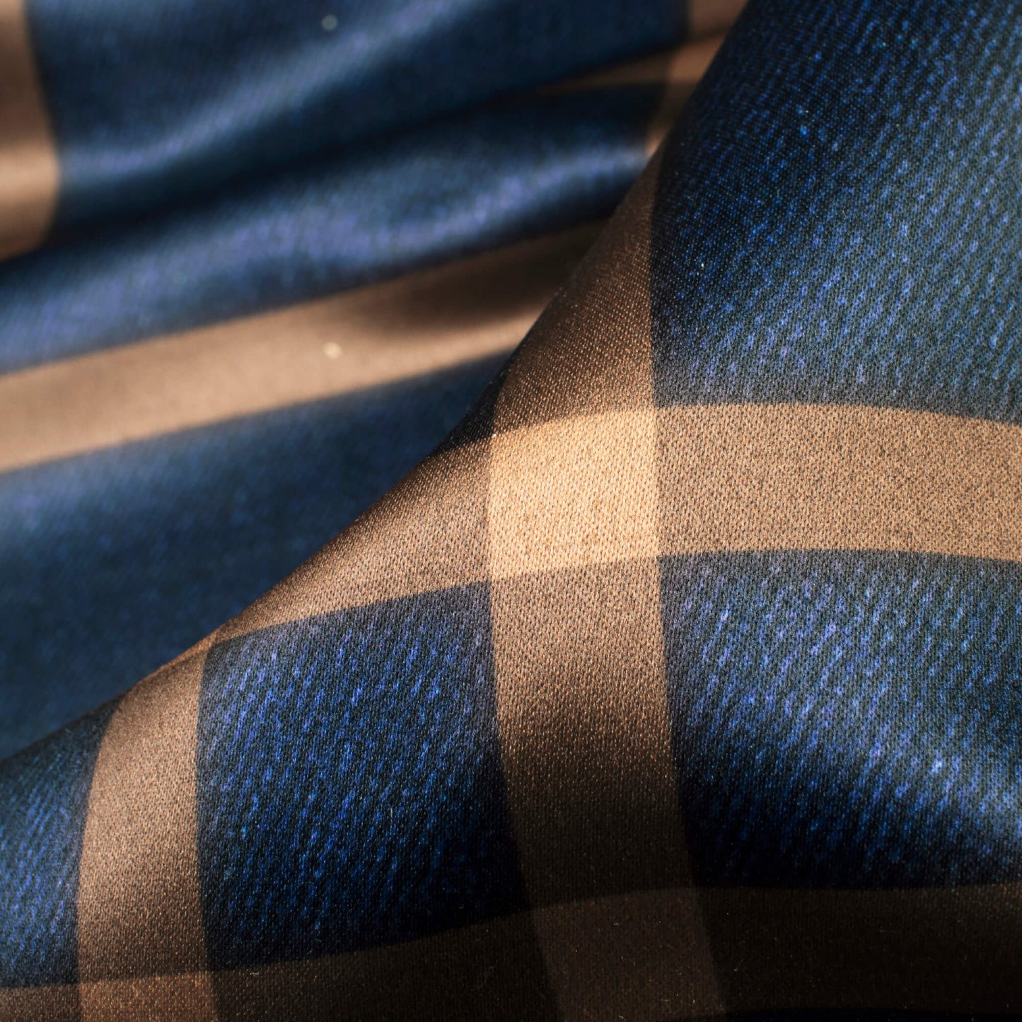 Prussian Blue And Beige Checks Pattern Digital Print Lycra Fabric
