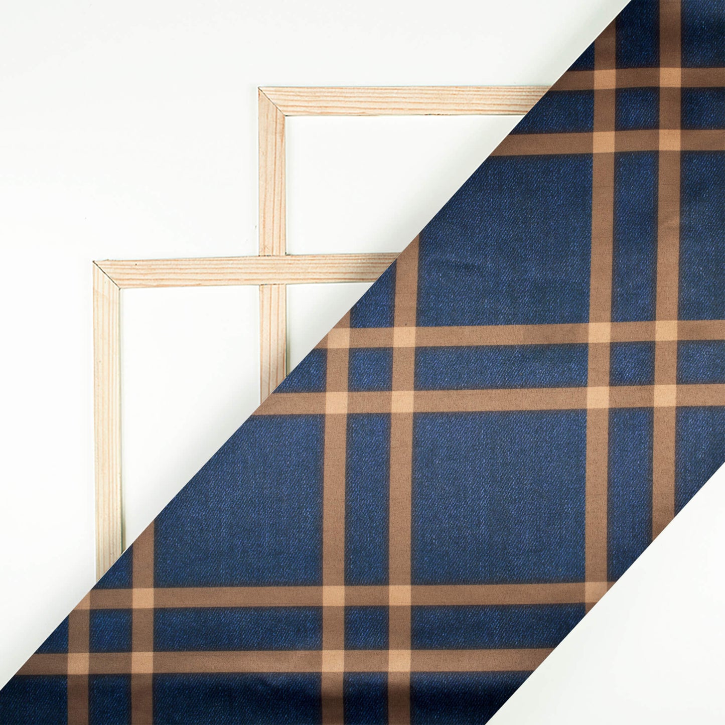 Prussian Blue And Beige Checks Pattern Digital Print Lycra Fabric