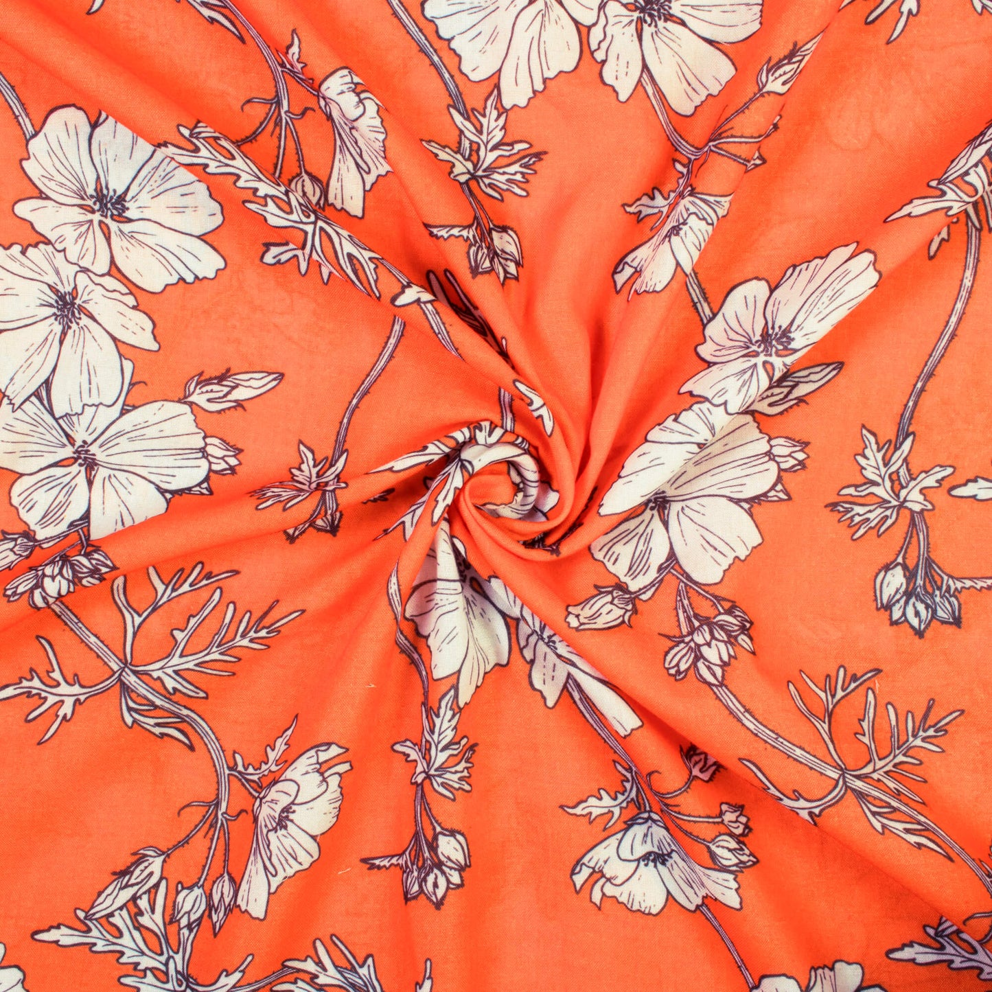 Fire Orange And White Floral Pattern Digital Print Art Poly Rayon Fabric