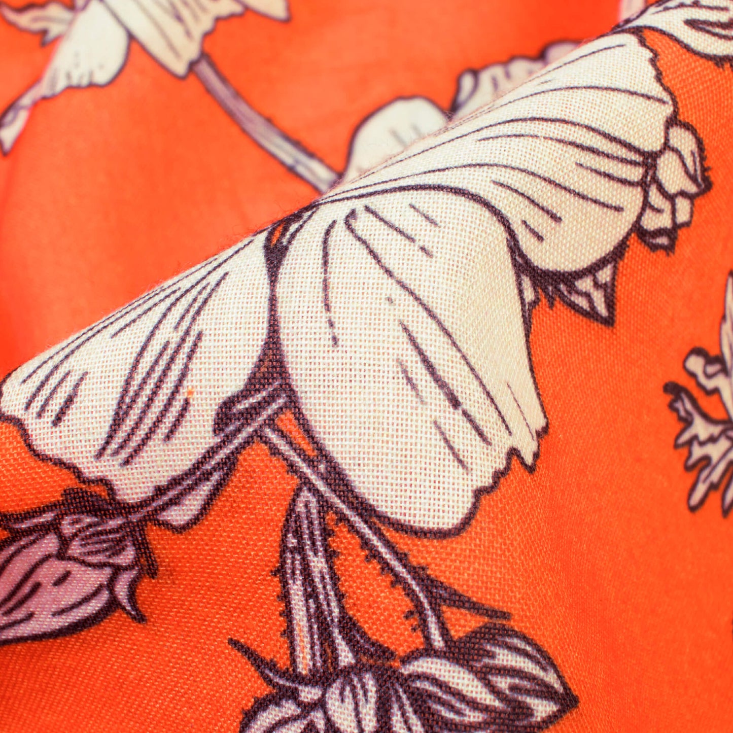Fire Orange And White Floral Pattern Digital Print Art Poly Rayon Fabric