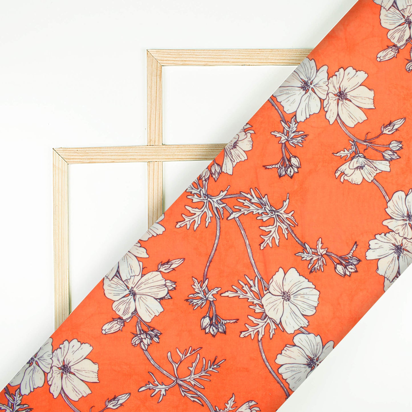 Fire Orange And White Floral Pattern Digital Print Art Poly Rayon Fabric