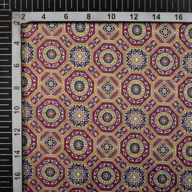Beige And Purple Geometric Pattern Digital Print Japan Satin Fabric