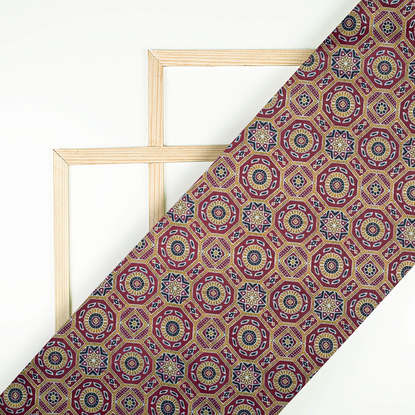 Beige And Purple Geometric Pattern Digital Print Japan Satin Fabric