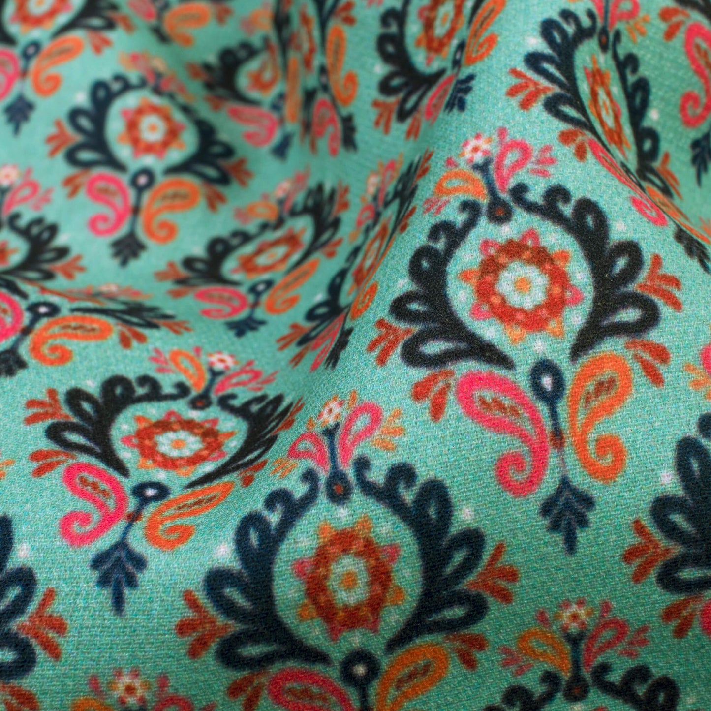 Celeste Green And Blue Traditional Pattern Digital Print Satin Fabric (Width 56 Inches)