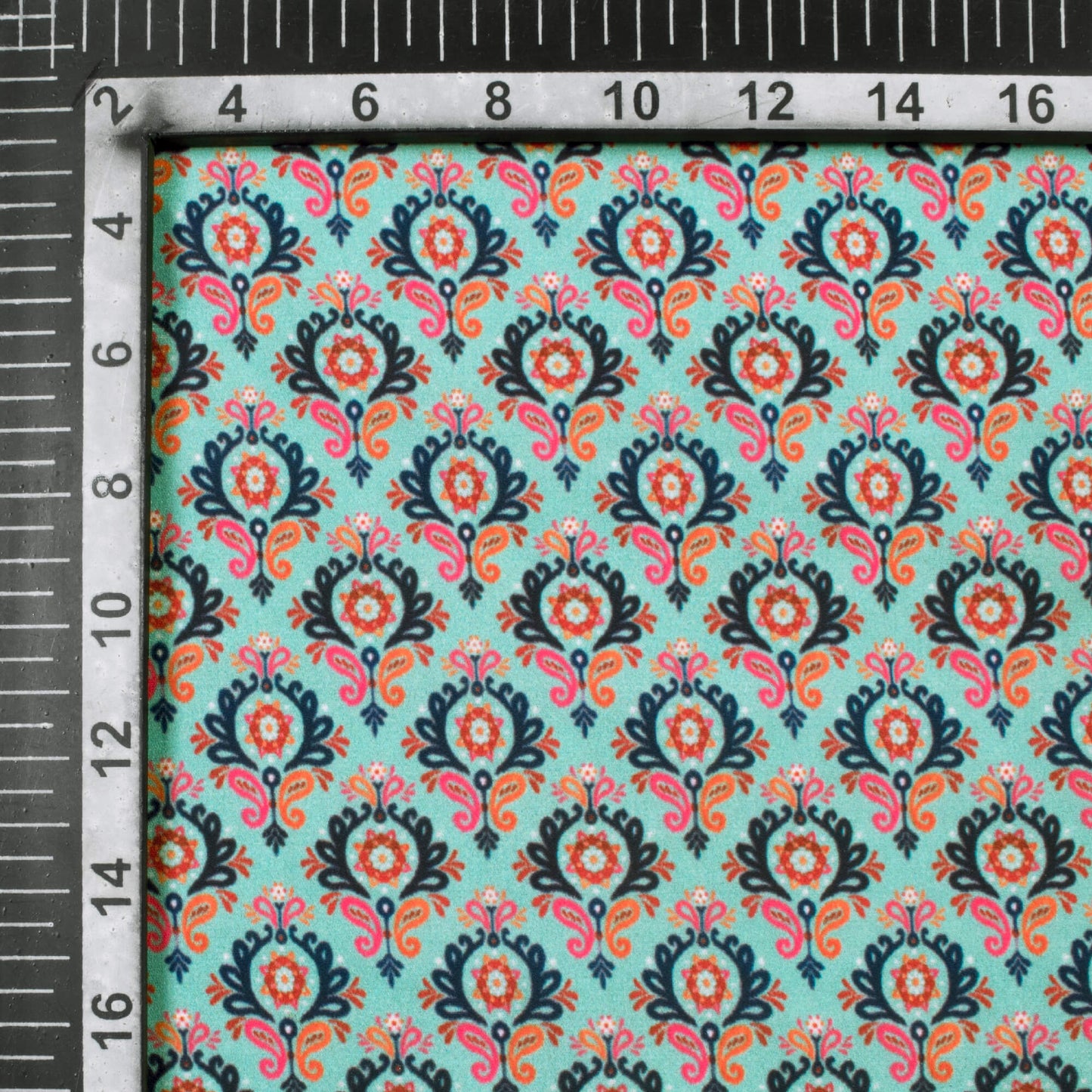 Celeste Green And Blue Traditional Pattern Digital Print Satin Fabric (Width 56 Inches)