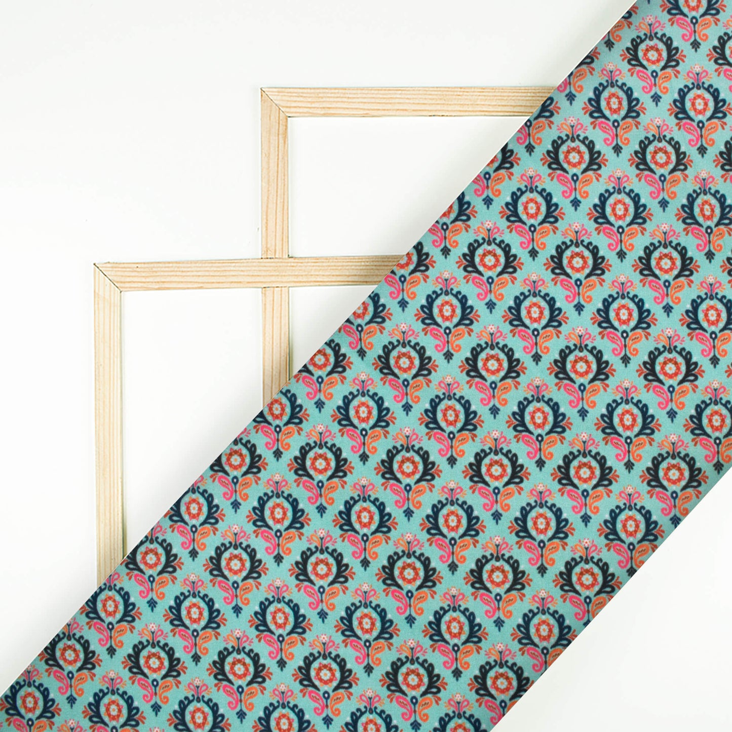 Celeste Green And Blue Traditional Pattern Digital Print Satin Fabric (Width 56 Inches)
