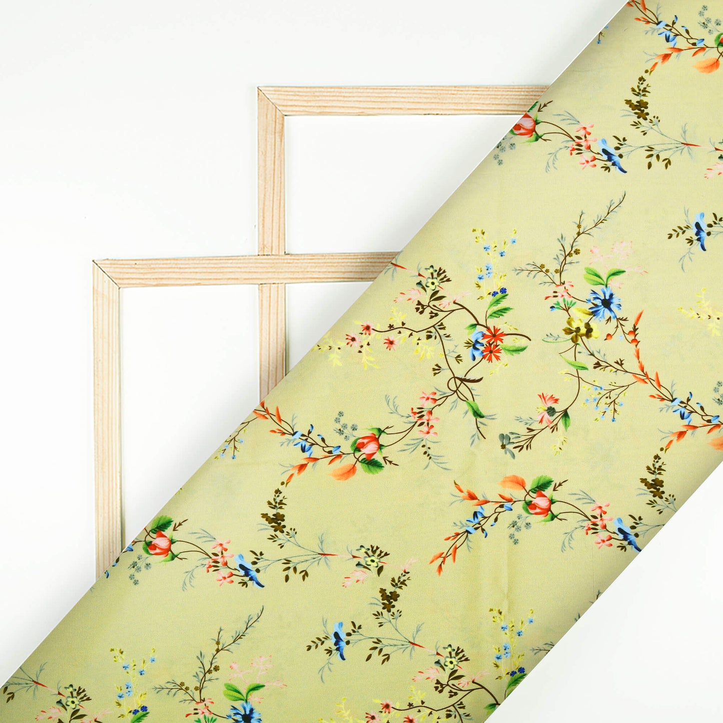 Light Khakhi Green And Peach Floral Digital Print Art Tusser Silk Fabric
