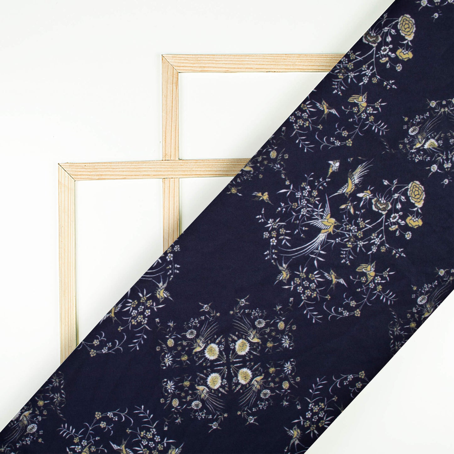 Dark Blue And Beige Floral Pattern Digital Print Crepe Fabric (Width 58 Inches)
