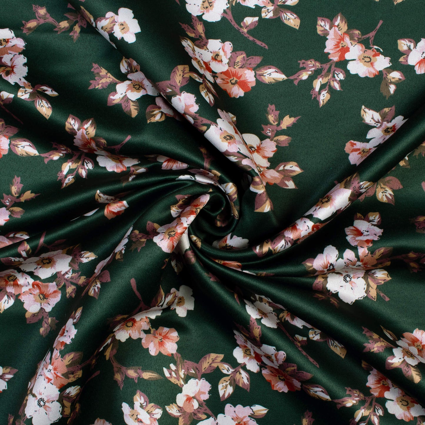 Green And Cream Floral Pattern Digital Print Satin Fabric (Width 52 Inches)