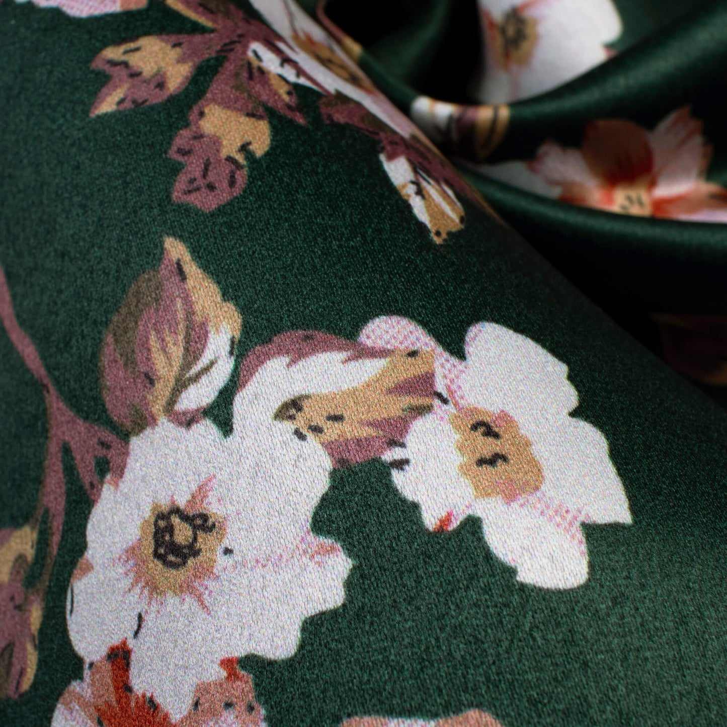 Green And Cream Floral Pattern Digital Print Satin Fabric (Width 52 Inches)