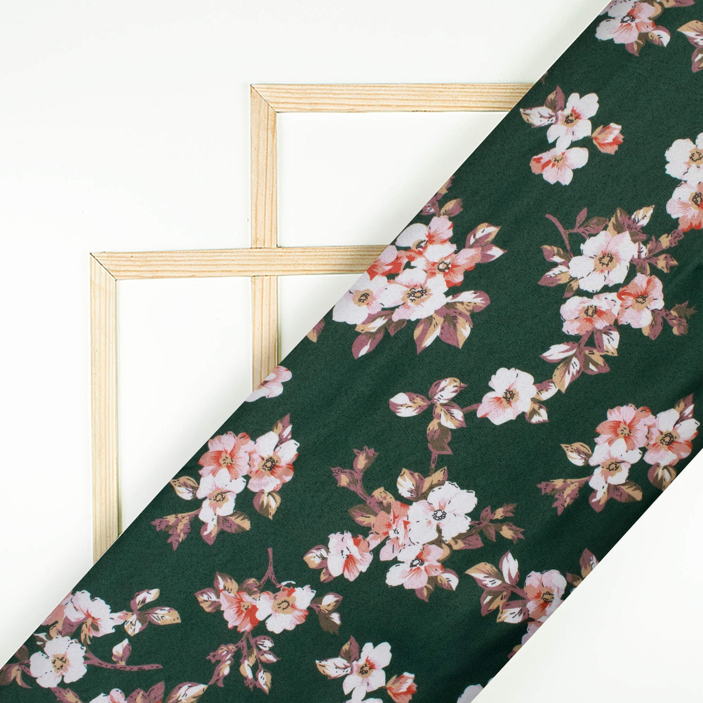 Green And Cream Floral Pattern Digital Print Satin Fabric (Width 52 Inches)