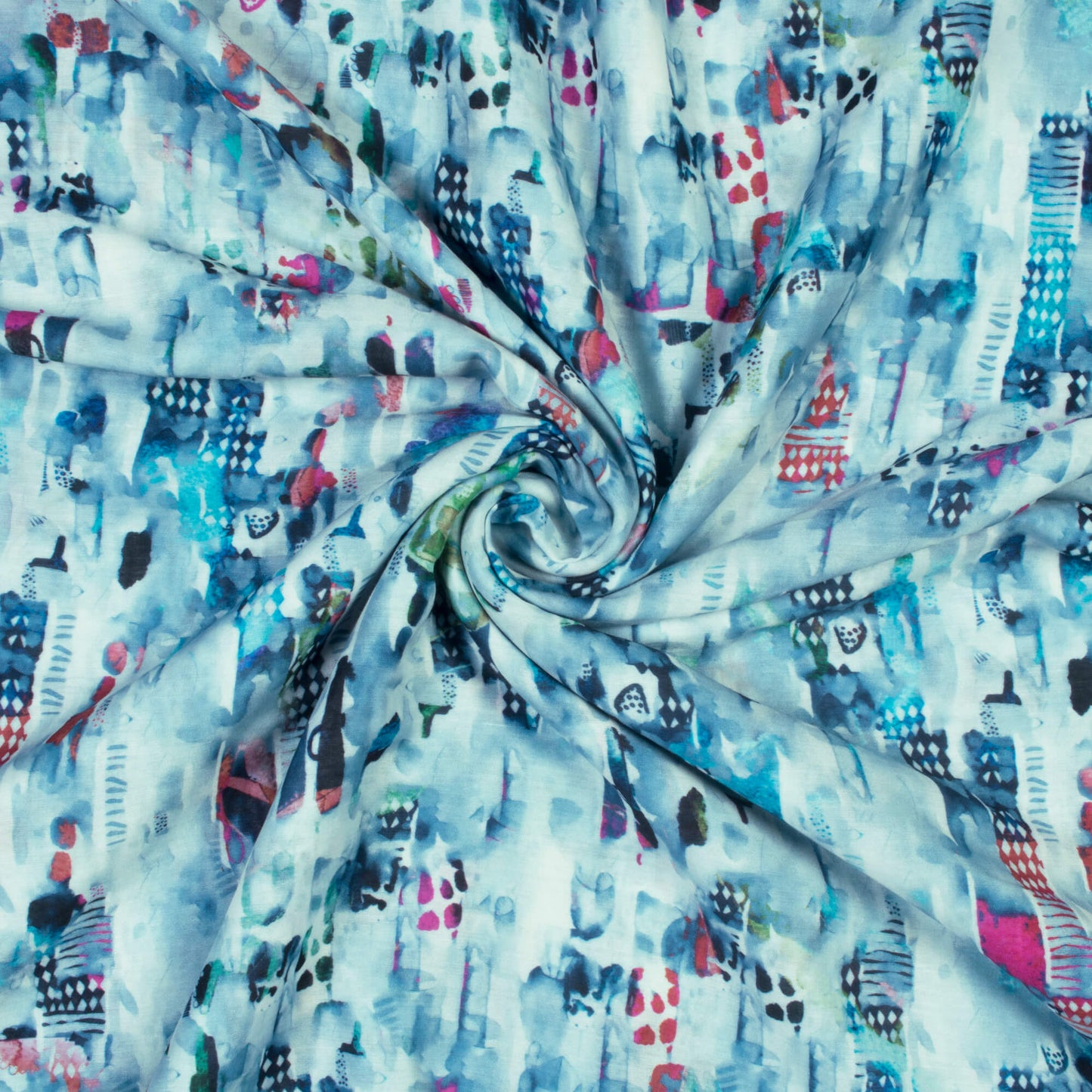 Light Sky Blue And Red Abstract Pattern Digital Print Poly Muslin Fabric