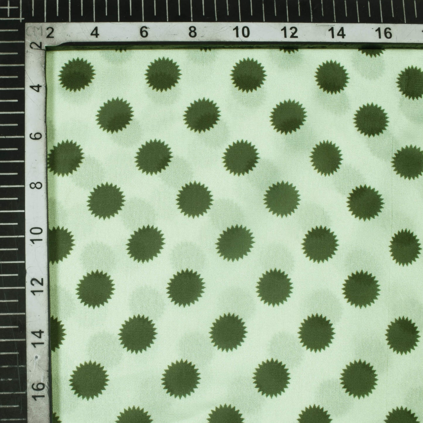 Off White And Green Polka Dots Pattern Digital Print Georgette Fabric