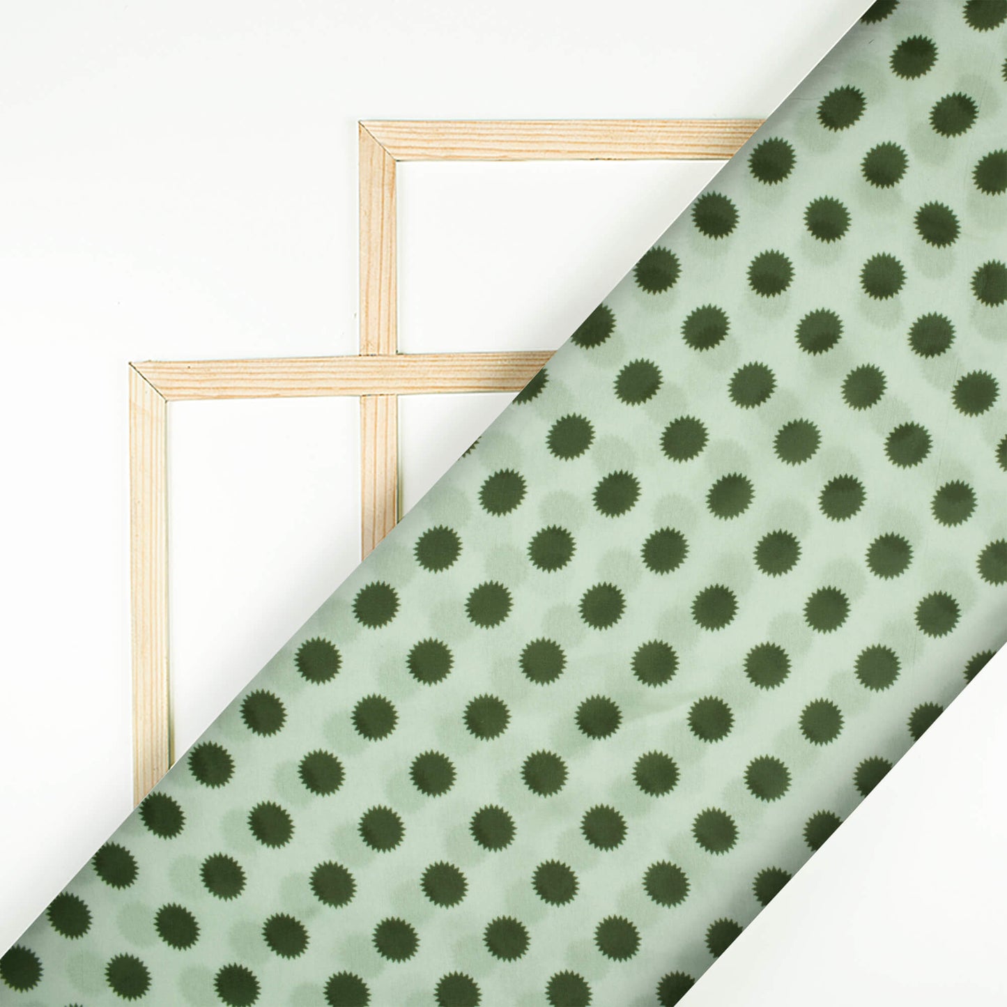 Off White And Green Polka Dots Pattern Digital Print Georgette Fabric