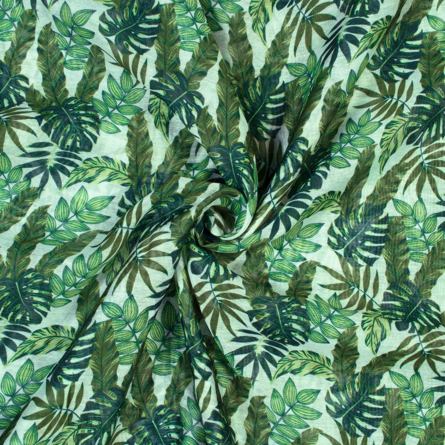 White And Green Leaf Pattern Digital Print Chanderi Fabric
