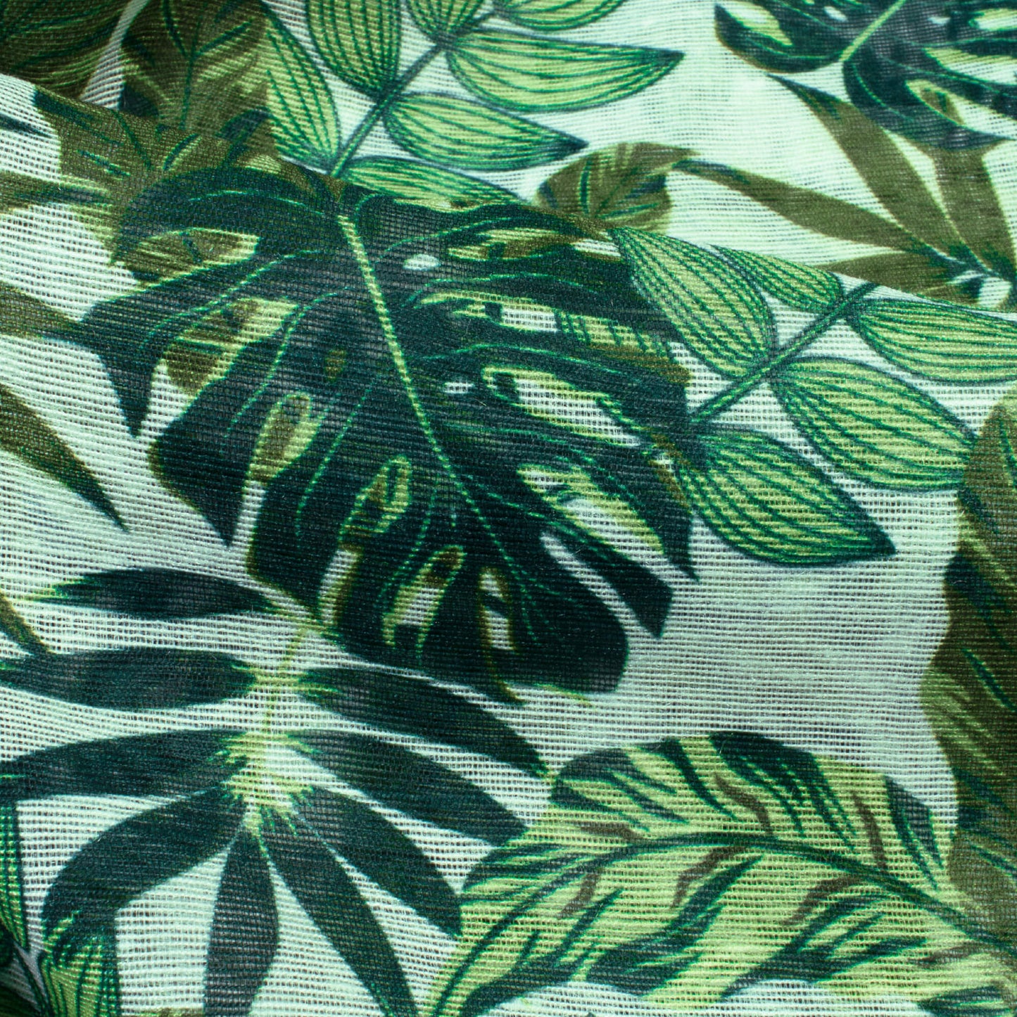 White And Green Leaf Pattern Digital Print Chanderi Fabric