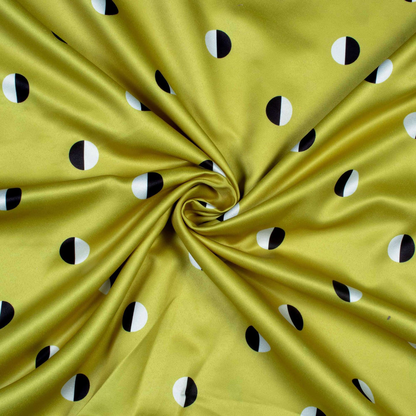 Light Olive Green And Black Polka Dots Pattern Digital Print Satin Fabric - Fabcurate