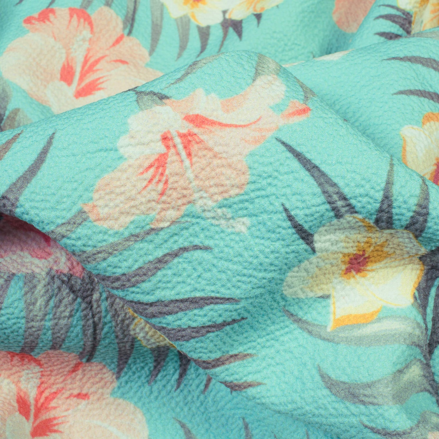Turqoise And Lemon Yellow Floral Pattern Print Digital Print Lycra Fabric