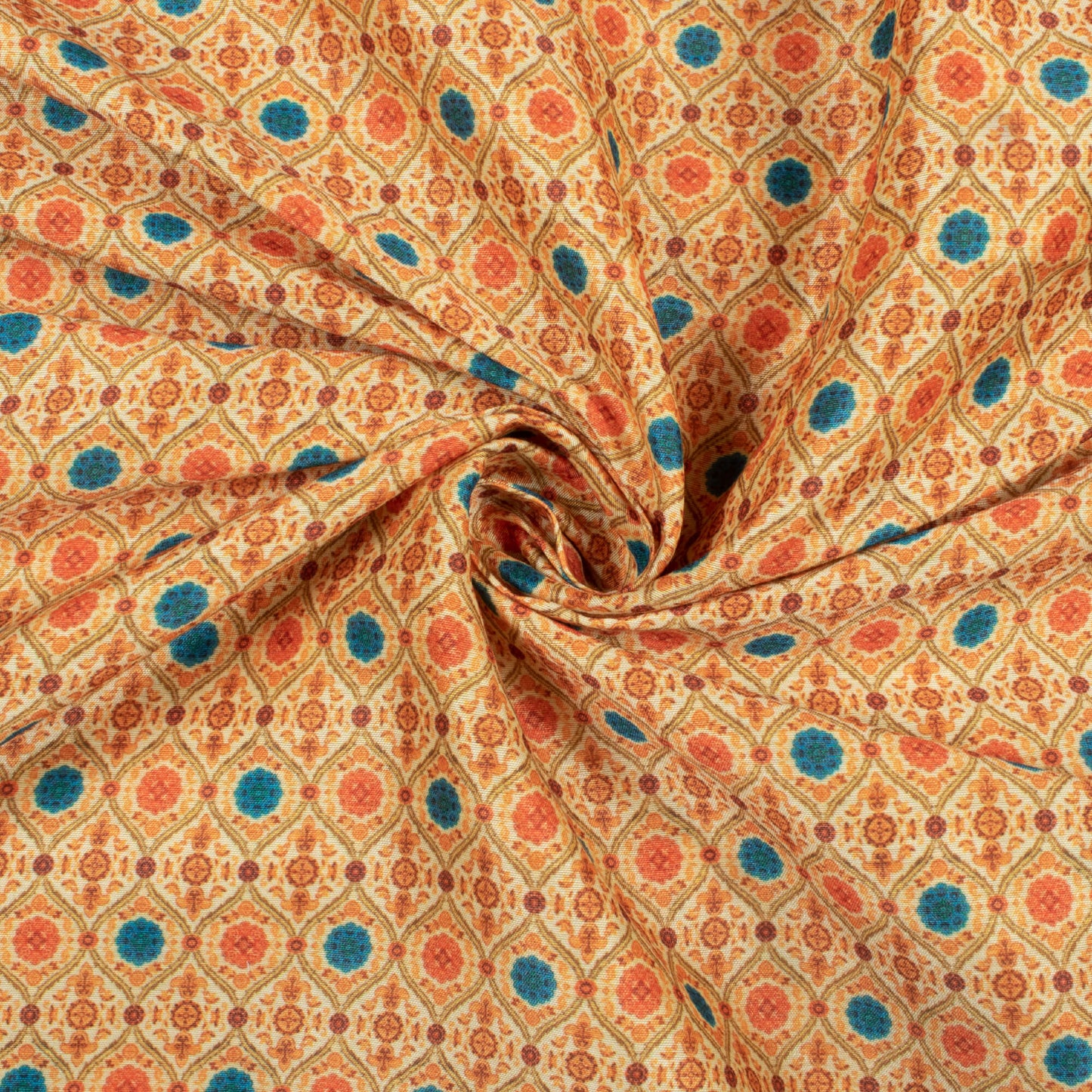 Royal Orange And Teal Green Traditional Pattern Digital Print Suhana Chanderi Fabric (Width 56 Inches)