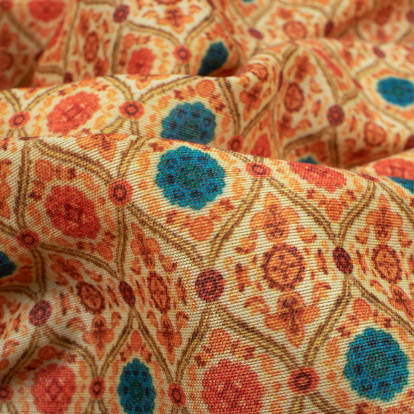 Royal Orange And Teal Green Traditional Pattern Digital Print Suhana Chanderi Fabric (Width 56 Inches)
